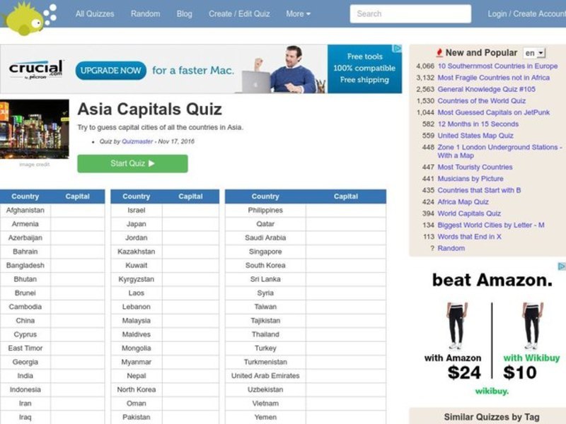 Asian Capitals Quiz Interactive