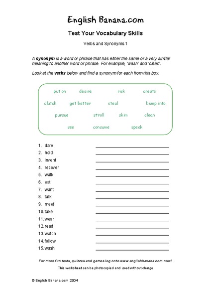 Verbs And Synonyms Worksheet