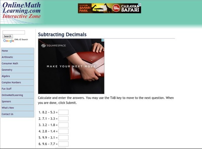 Subtracting Decimals Interactive