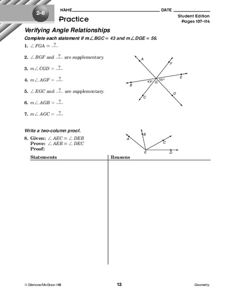 Verifying Angle Relationships Worksheet