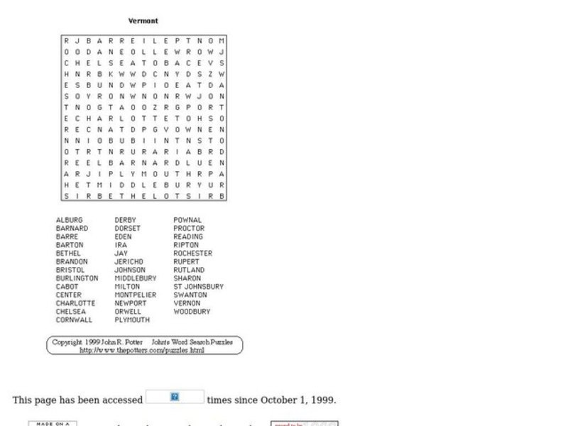 Vermont Word Search Worksheet