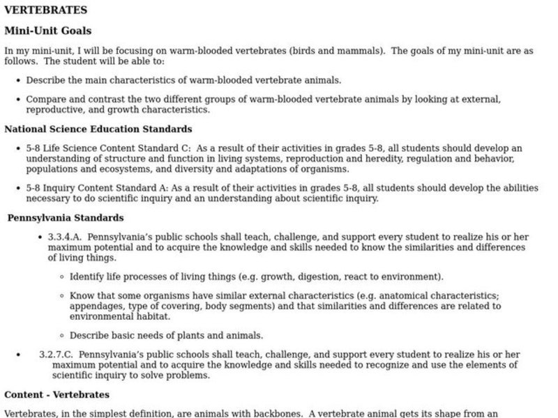 VERTEBRATES Lesson Plan