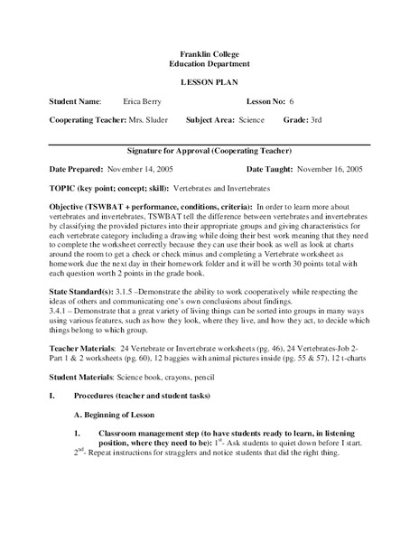 Vertebrates And Invertebrates Lesson Plan