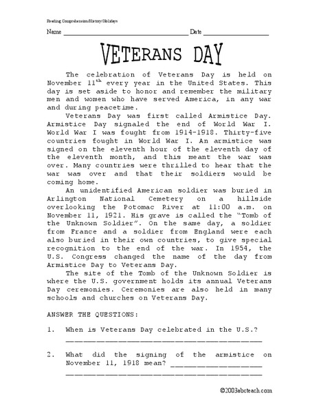 Veterans Day Worksheet