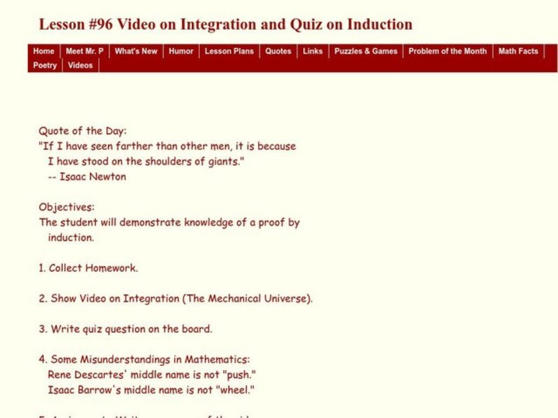 Video on Integration and Quiz on Induction Lesson Plan