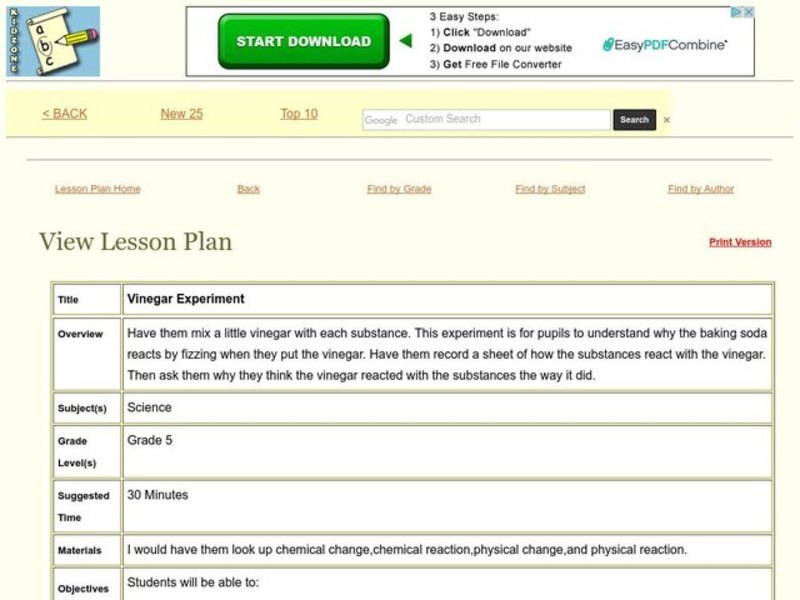 Vinegar Experiment Lesson Plan