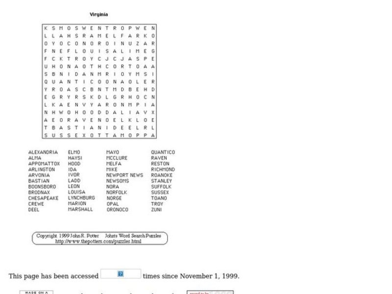 Virginia Word Search Worksheet