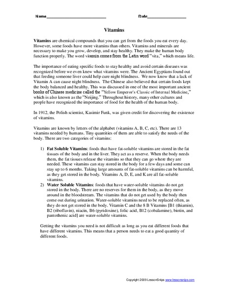 Vitamins Worksheet