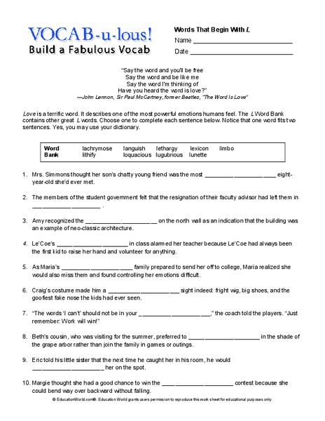Vocab-u-lous! Build a Fabulous Vocab Worksheet