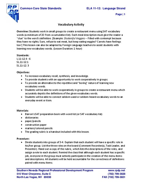 Vocabulary Activity Lesson Plan