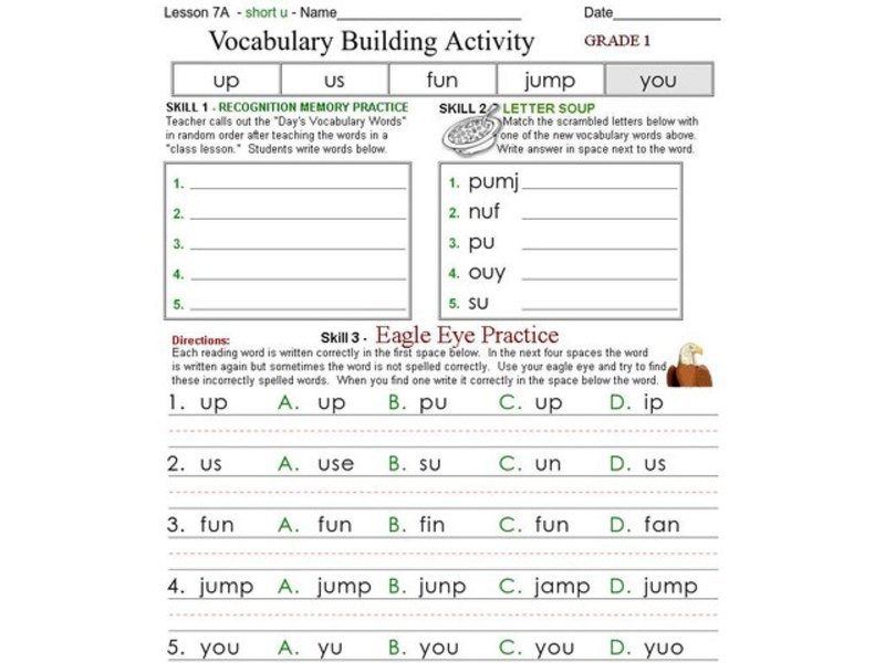 Vocabulary Building Activity   Grade 1 Worksheet