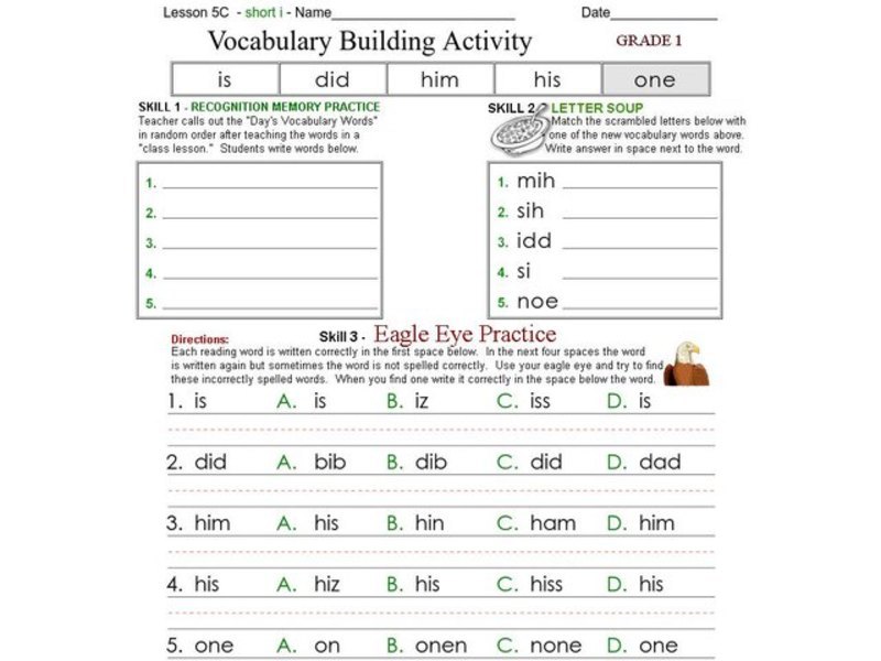 Vocabulary Building Activity   Grade 1 Worksheet