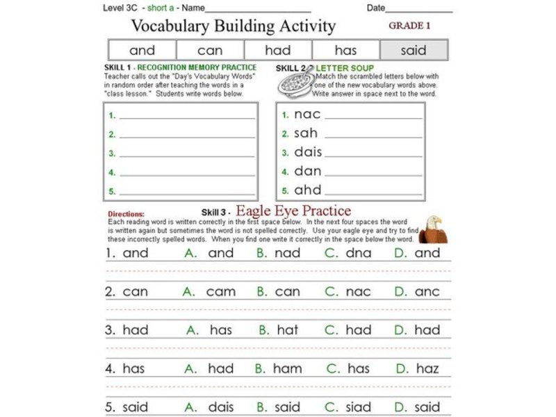 Vocabulary Building Activity: Short A Worksheet