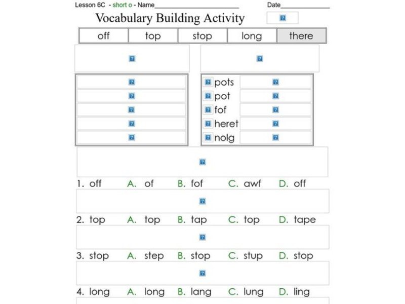 Vocabulary Building Activity - Short o Words Worksheet