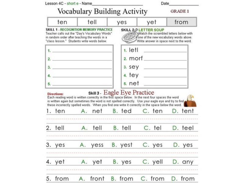 Vocabulary Building Activity: Short e Worksheet