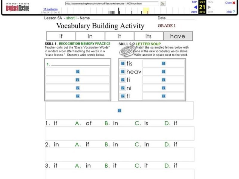 Vocabulary Building Activity: Short i Worksheet