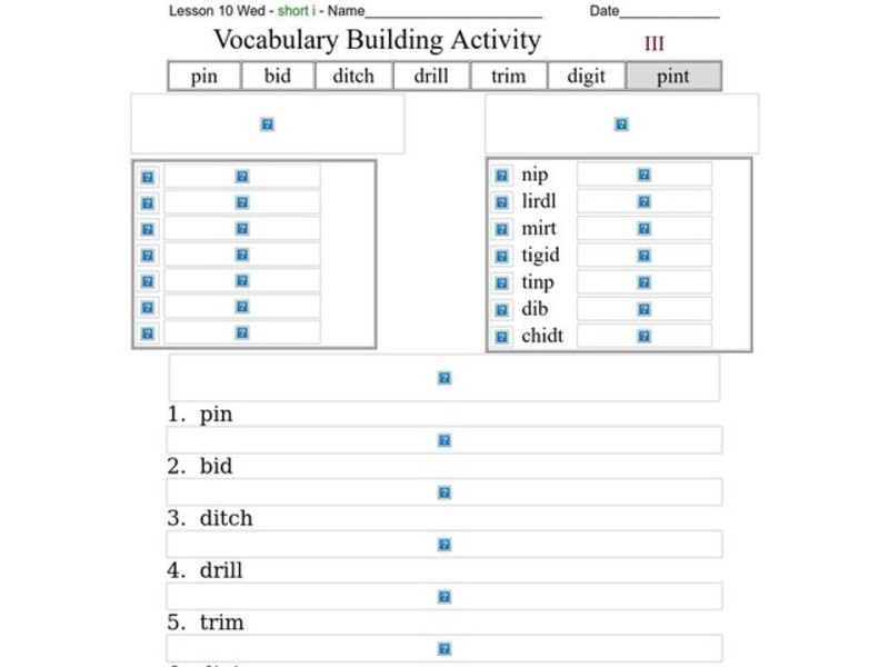 Vocabulary Building Activity: Short i Worksheet