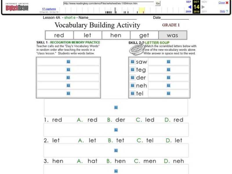 Vocabulary Building Activity - Short e Words Worksheet