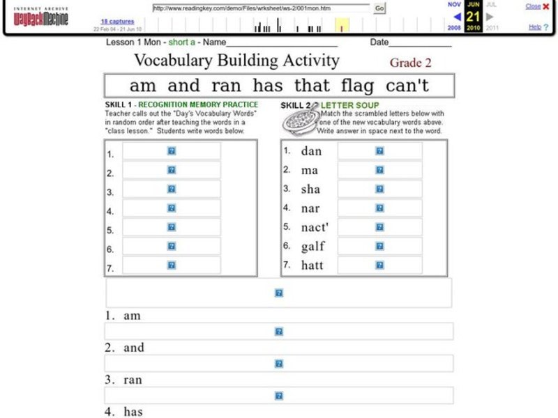 Vocabulary Building Activity: Short a Worksheet
