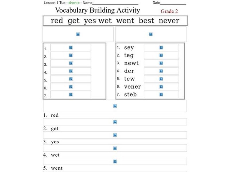 Vocabulary Building Activity: Short e Worksheet