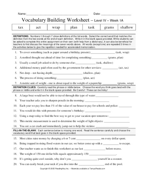 Vocabulary Building Worksheet Worksheet