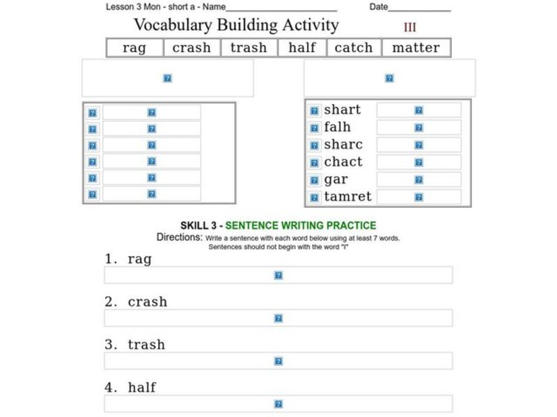 Vocabulary Building: Short a Worksheet