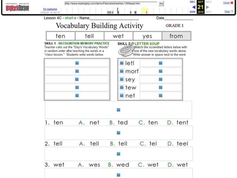 Vocabulary Building: Short e Worksheet