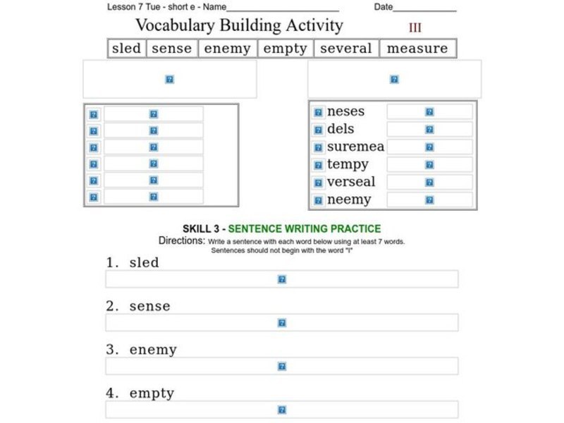 Vocabulary Building: Short e Worksheet