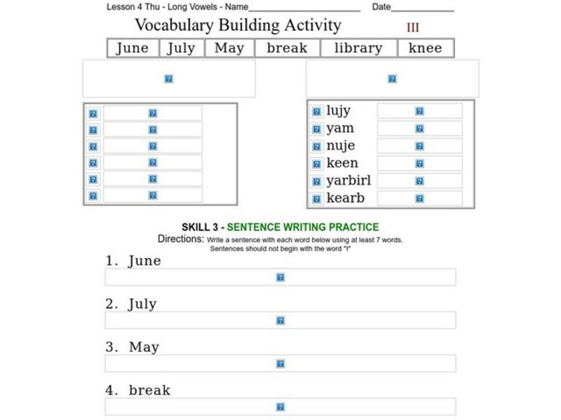 Vocabulary Building: Long Vowels III Worksheet