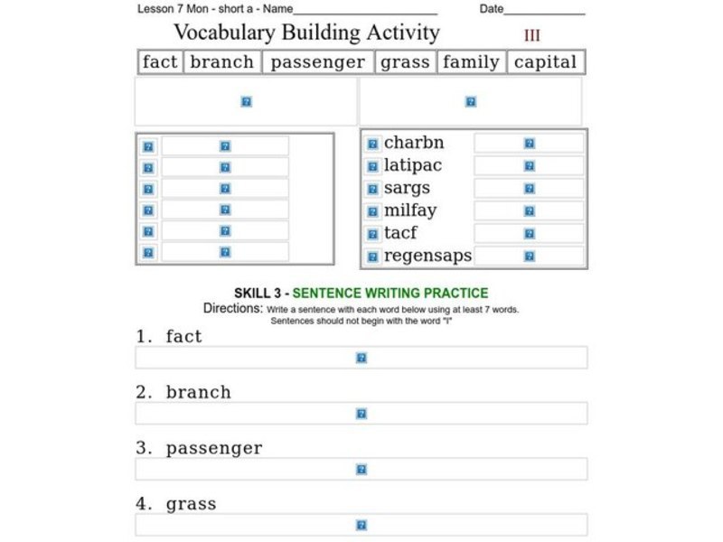 Vocabulary Building: Short a Worksheet