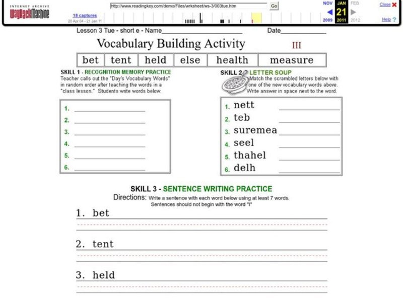 Vocabulary Building: Short e Worksheet