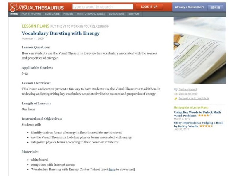 Vocabulary Bursting with Energy Lesson Plan