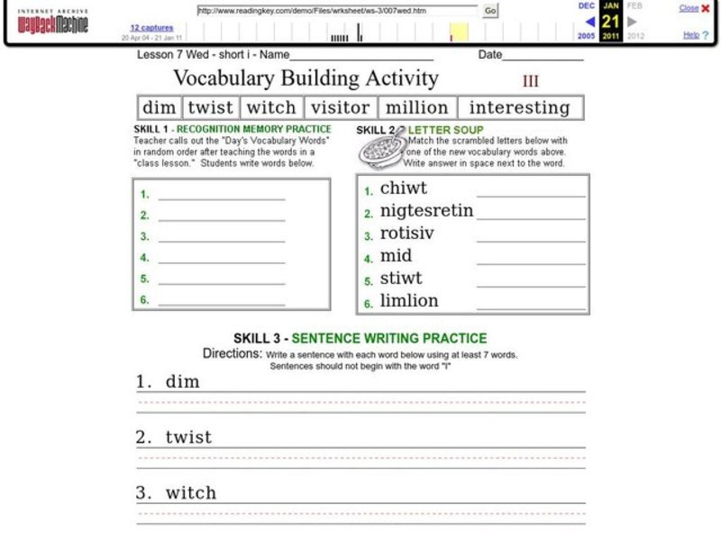 Vocabulary Building: Short i Worksheet