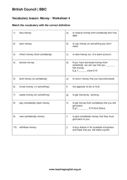 Vocabulary lesson: Money Worksheet Worksheet