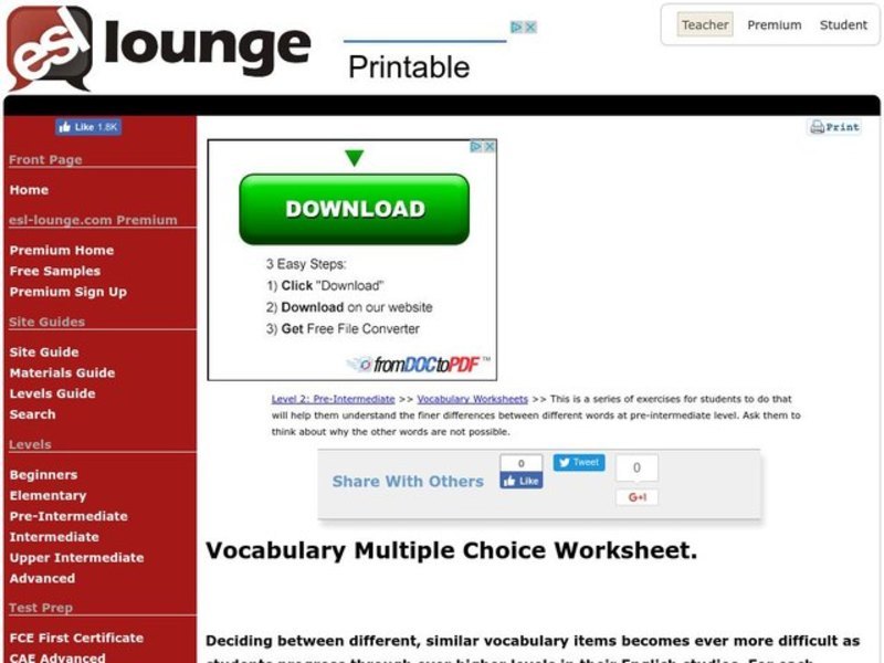 Vocabulary Multiple Choice Worksheet Worksheet