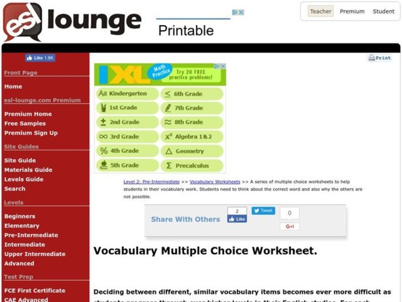 Vocabulary Multiple Choice Worksheet Worksheet