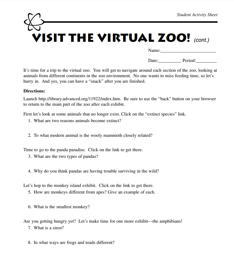 Visit the Virtual Zoo! Worksheet