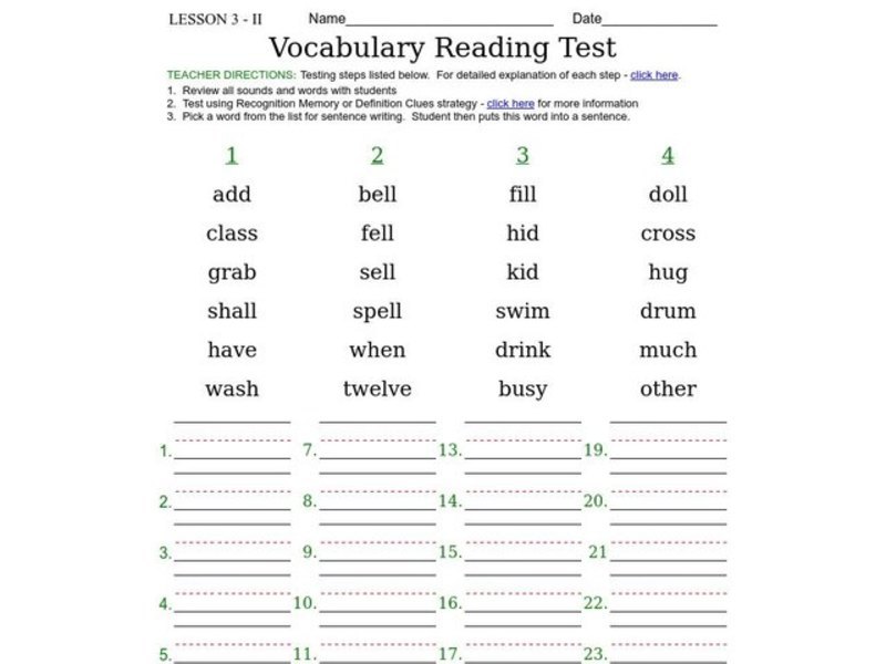 Vocabulary Reading Test Worksheet