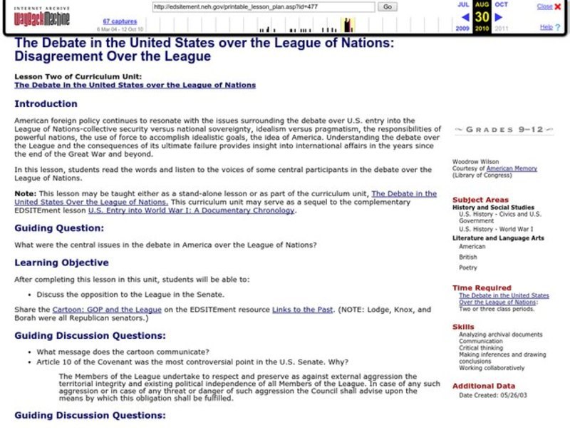 The Debate in the United States over the League of Nations: Disagreement Over the League Lesson Plan