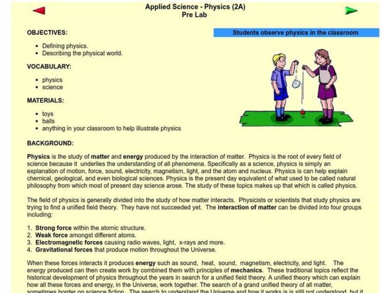 Applied Science - Physics Pre-Lab Lesson Plan