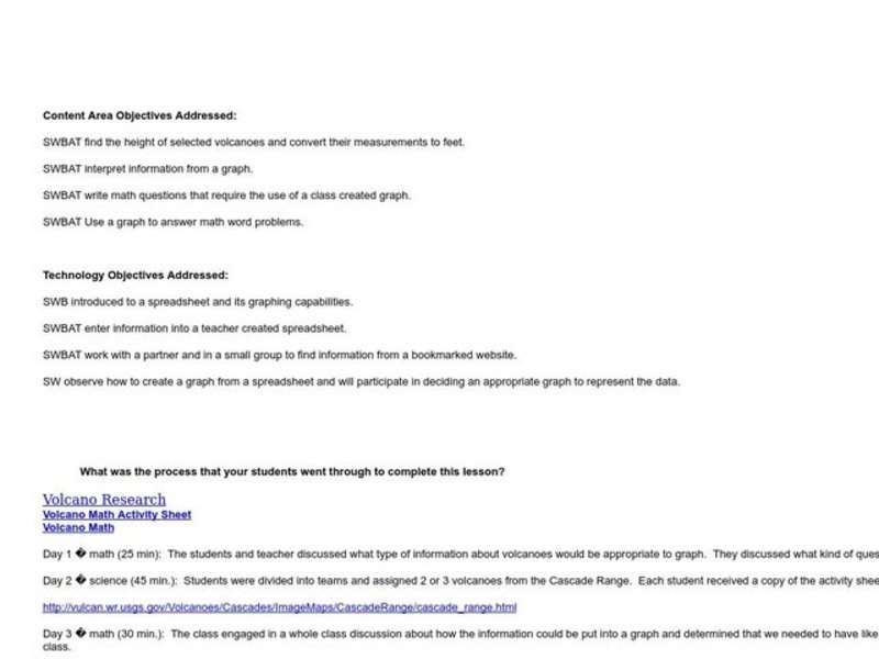 Volcano Spreadsheet and Graph Lesson Plan