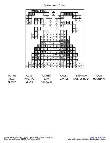Volcano Word Search Worksheet