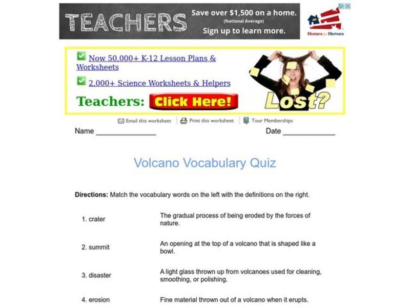 Volcano Vocabulary Worksheet
