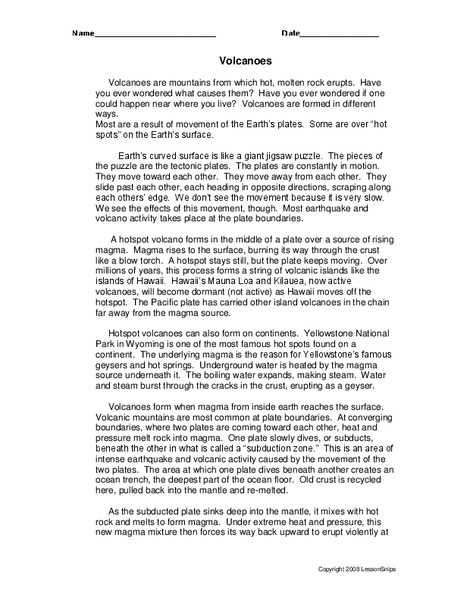 Volcanoes Worksheet