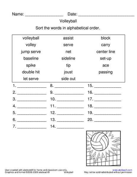 Volleyball Worksheet