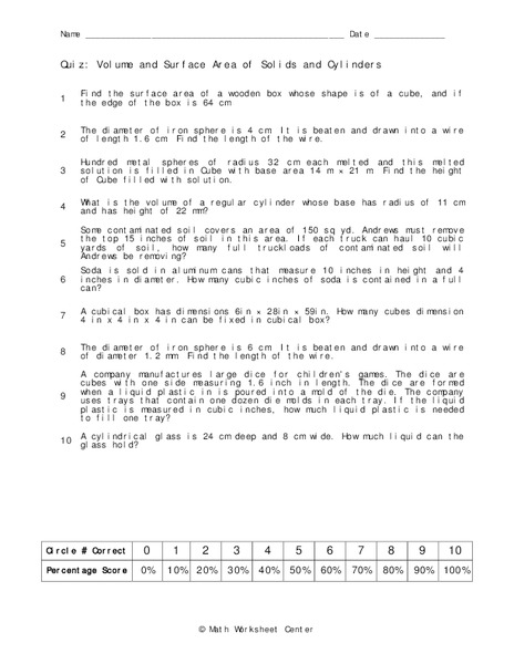 Volume and Surface Area Worksheet
