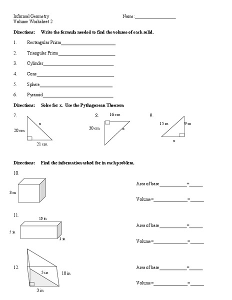 Volume of Solids Worksheet