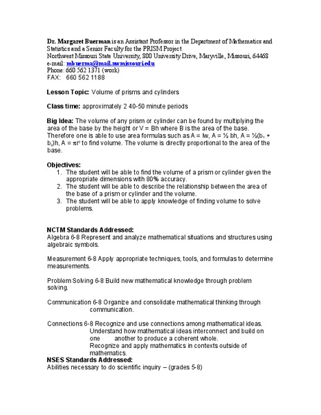 Volumes of Prisms and Cylinders Lesson Plan