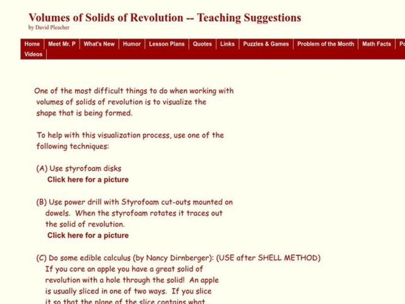Volumes of Solids of Revolution Worksheet
