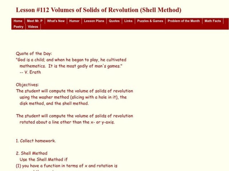 Volumes of Solids of Revolution (Shell Method) Lesson Plan